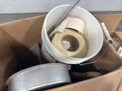 2 BOXES, 1 BUCKET--MISC DRYWALL SUPPLIES, HARDWARE