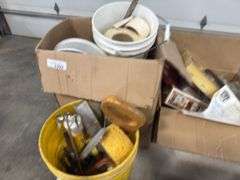 2 BOXES, 1 BUCKET--MISC DRYWALL SUPPLIES, HARDWARE
