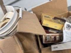 2 BOXES, 1 BUCKET--MISC DRYWALL SUPPLIES, HARDWARE