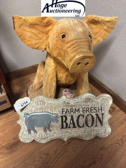Carved Wooden pig, Farm Fresh Bacon sign and pig stress toy
