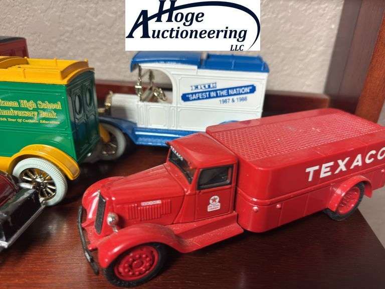 Top Shelf - Trucks - 2 Texaco trucks, 3 banks ( 1 Beckman High School, 1 Golden Rule, 1 Ertl), 1 car