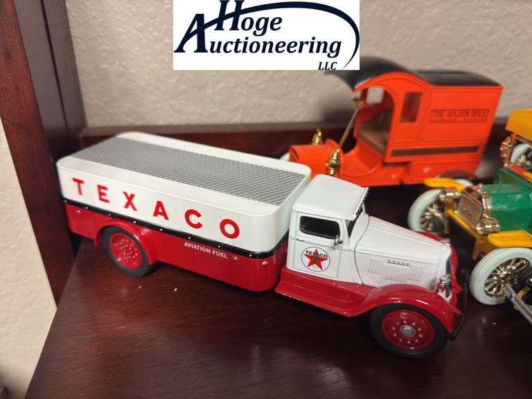 Top Shelf - Trucks - 2 Texaco trucks, 3 banks ( 1 Beckman High School, 1 Golden Rule, 1 Ertl), 1 car