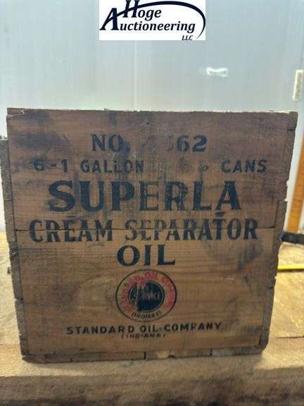 Wooden box. Written on side of box: Standard Oil Company (Indiana) Superla Cream Separator