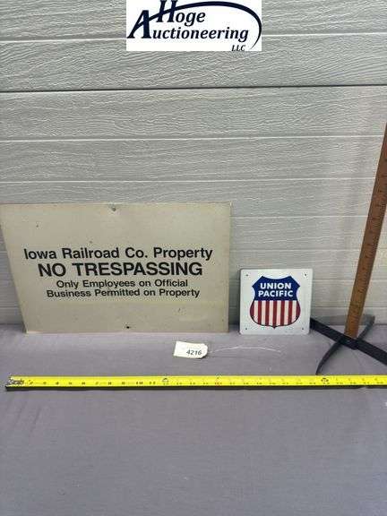 X2 - Iowa Railroad Co. Property sign & Union Pacific sign - tin