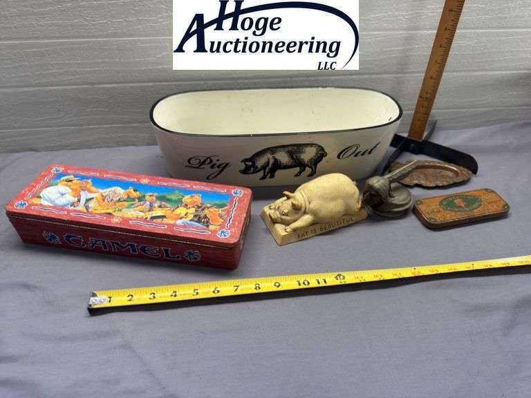 1 flat. Pontiac ashtray, Indian head cap, Keen Kutter Razor tin, Camel Cigarettes tin, Fat is Beauti