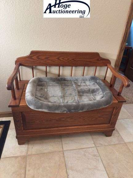 Wooden storage bench. Dog bed and items inside included