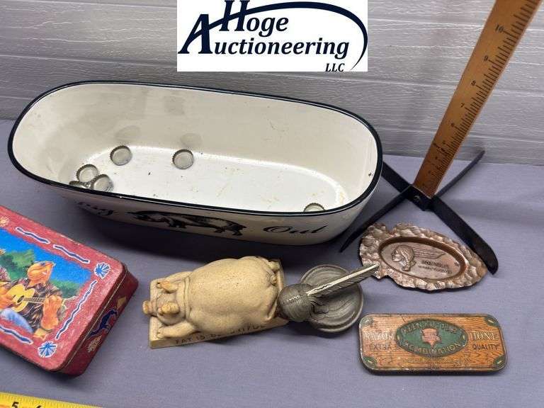 1 flat. Pontiac ashtray, Indian head cap, Keen Kutter Razor tin, Camel Cigarettes tin, Fat is Beauti