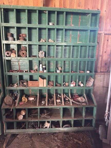 Wood organizer with misc parts - 88"T x 68" L x 16"D