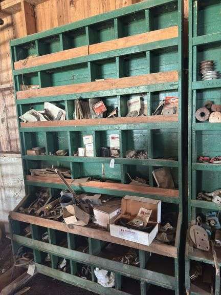 Wood organizer-misc parts, some new trailer brake parts - 88"T x 68" L x 16"D