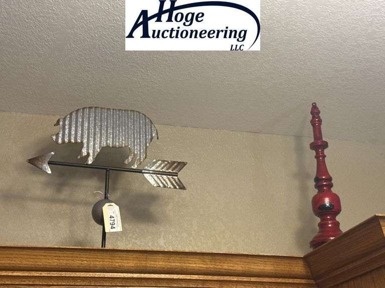 Right side top of cupboard - pig decor, pig weather vane, red home decor
