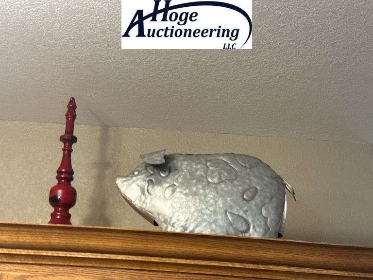 Right side top of cupboard - pig decor, pig weather vane, red home decor