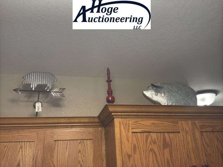 Right side top of cupboard - pig decor, pig weather vane, red home decor