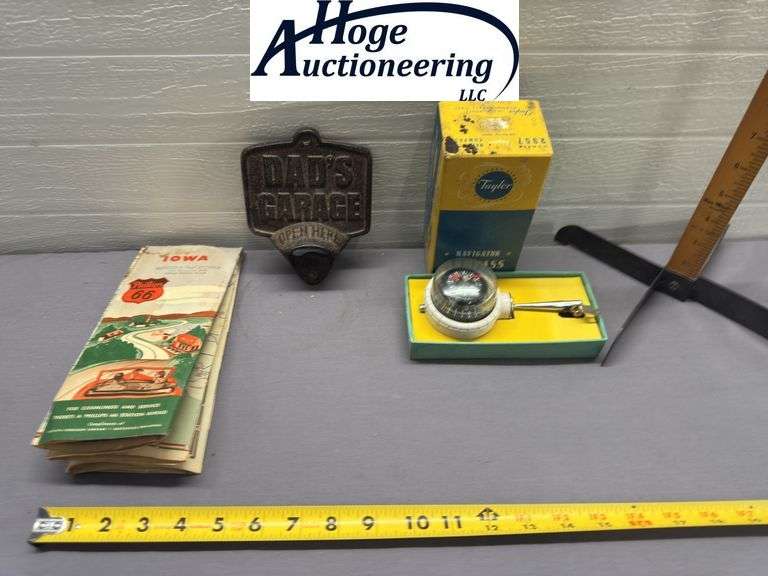 3 items. Dad's Garage decorative cast bottle opener, Taylor Navigator Compass in original box, Iowa 