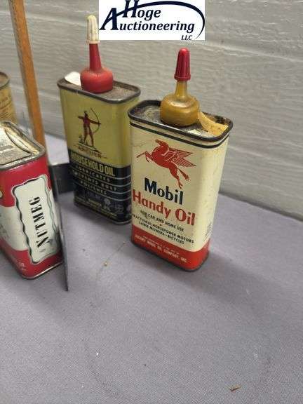 7 cans. Spices, lubricants, oil and monkey grip. 2 Forbes, 3 Archer, 1 Mobil, 1 Monkey Grip Tube Rep
