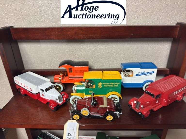 Top Shelf - Trucks - 2 Texaco trucks, 3 banks ( 1 Beckman High School, 1 Golden Rule, 1 Ertl), 1 car