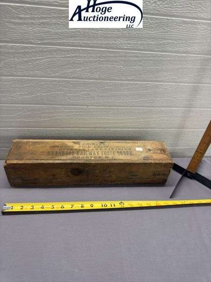4 Chimfex Chimney Fire Extinguishers wooden box with sliding lid. Other text include on box - Signal