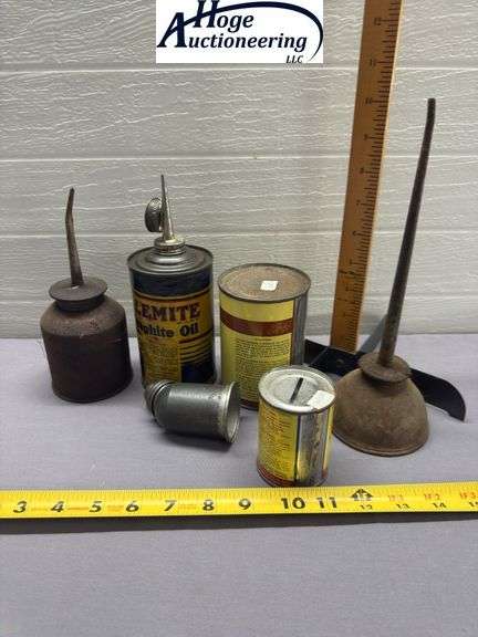 6 items. 2 thumb oil cans. 1 US Chemical's Z-4 Ring and Valve Free, 1 Alemite Graphite Oil, 1 Miracl