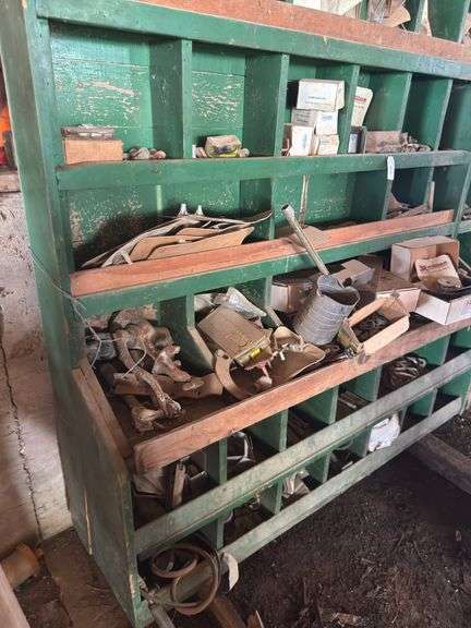Wood organizer-misc parts, some new trailer brake parts - 88"T x 68" L x 16"D