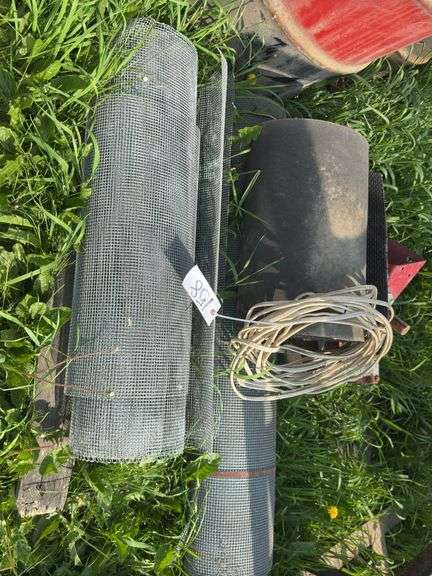 Pallet with screen, belting, wire, and bin parts