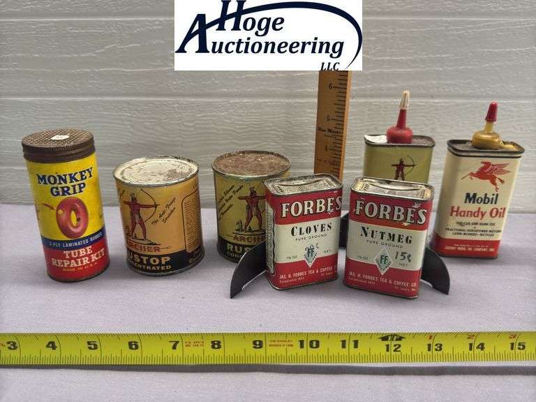 7 cans. Spices, lubricants, oil and monkey grip. 2 Forbes, 3 Archer, 1 Mobil, 1 Monkey Grip Tube Rep