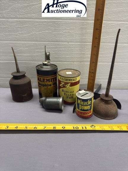 6 items. 2 thumb oil cans. 1 US Chemical's Z-4 Ring and Valve Free, 1 Alemite Graphite Oil, 1 Miracl
