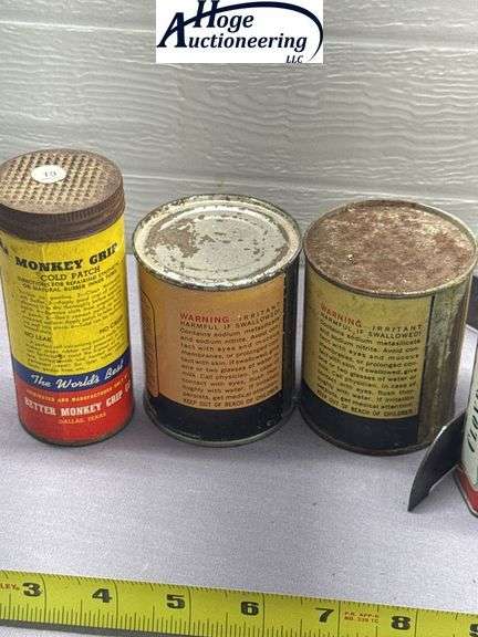 7 cans. Spices, lubricants, oil and monkey grip. 2 Forbes, 3 Archer, 1 Mobil, 1 Monkey Grip Tube Rep