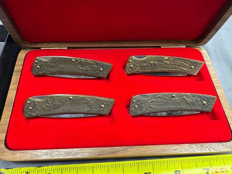 Utica Gary Hawk Signature Series 4 pc engraved brass wildlife knife set
