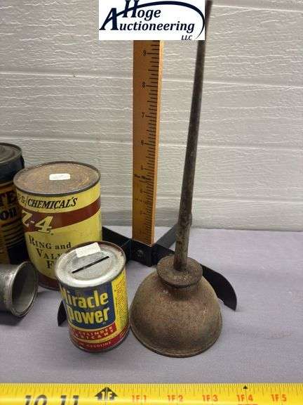 6 items. 2 thumb oil cans. 1 US Chemical's Z-4 Ring and Valve Free, 1 Alemite Graphite Oil, 1 Miracl