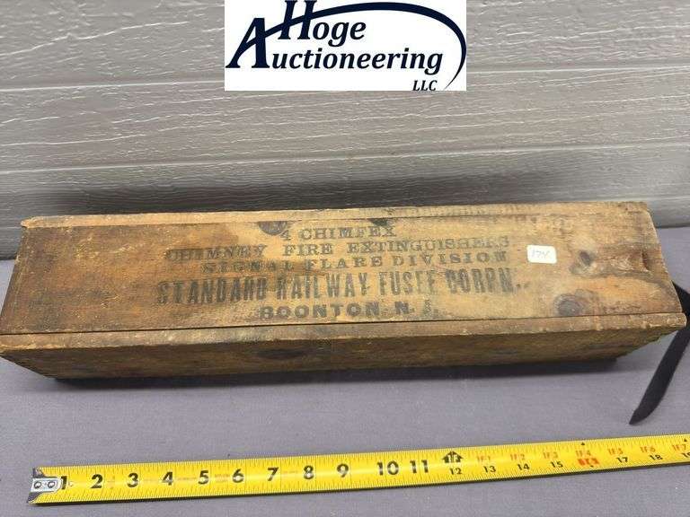 4 Chimfex Chimney Fire Extinguishers wooden box with sliding lid. Other text include on box - Signal