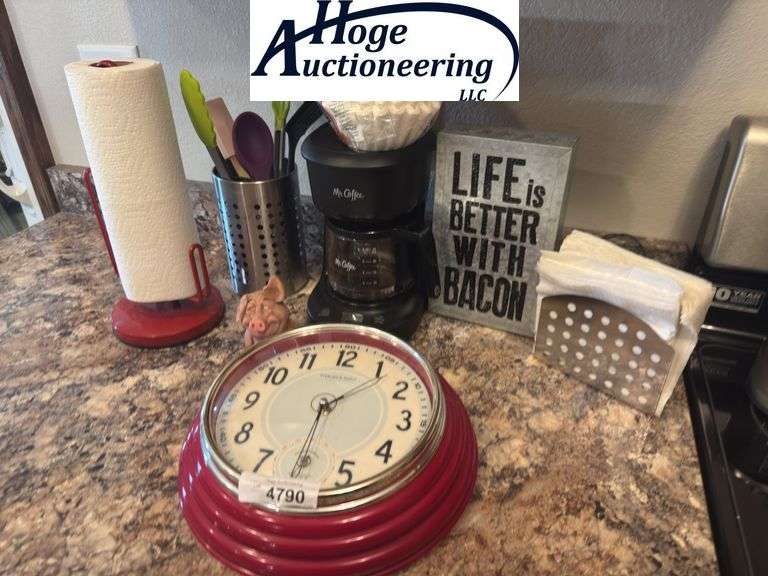 Sterling & Noble Clock, paper towel holders, utensil holders, pig decor, Mr. Coffee coffee maker, na