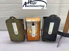 3 tin hanging matchboxes. 1 McCabe - Carruth Funeral Home, 1 R Grocer Delhi Iowa, 1 non-advertising 
