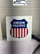 X2 - Iowa Railroad Co. Property sign & Union Pacific sign - tin