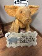 Carved Wooden pig, Farm Fresh Bacon sign and pig stress toy