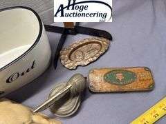 1 flat. Pontiac ashtray, Indian head cap, Keen Kutter Razor tin, Camel Cigarettes tin, Fat is Beauti