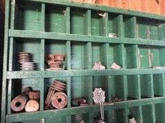 Wood organizer with misc parts - 88"T x 68" L x 16"D