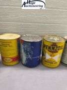 6 one quart oil cans. 3 Quaker State, 2 Pennzoil, 1 Sunoco