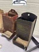 4 tin hanging matchboxes and homemade tool. 1 Zephyr Flour, 1 Fred Karle Furniture and Undertaking K