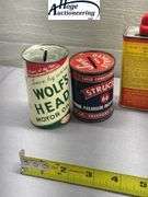 6 cans. Glow fuel and oil. 1 Veedol bank, 1 Structo bank, 1 Wolf's head bank, 1 Cox, 2 O.K. Cub