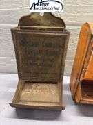 3 tin hanging matchboxes. 1 McCabe - Carruth Funeral Home, 1 R Grocer Delhi Iowa, 1 non-advertising 