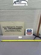 X2 - Iowa Railroad Co. Property sign & Union Pacific sign - tin