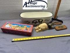 1 flat. Pontiac ashtray, Indian head cap, Keen Kutter Razor tin, Camel Cigarettes tin, Fat is Beauti