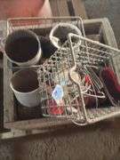Wood box, center caps, wire basket