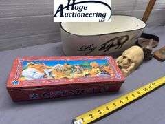1 flat. Pontiac ashtray, Indian head cap, Keen Kutter Razor tin, Camel Cigarettes tin, Fat is Beauti