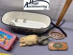 1 flat. Pontiac ashtray, Indian head cap, Keen Kutter Razor tin, Camel Cigarettes tin, Fat is Beauti