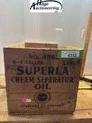 Wooden box. Written on side of box: Standard Oil Company (Indiana) Superla Cream Separator