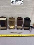 4 tin hanging matchboxes and homemade tool. 1 Zephyr Flour, 1 Fred Karle Furniture and Undertaking K