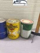 6 one quart oil cans. 3 Quaker State, 2 Pennzoil, 1 Sunoco