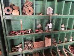 Wood organizer with misc parts - 88"T x 68" L x 16"D