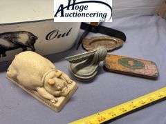 1 flat. Pontiac ashtray, Indian head cap, Keen Kutter Razor tin, Camel Cigarettes tin, Fat is Beauti