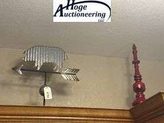 Right side top of cupboard - pig decor, pig weather vane, red home decor